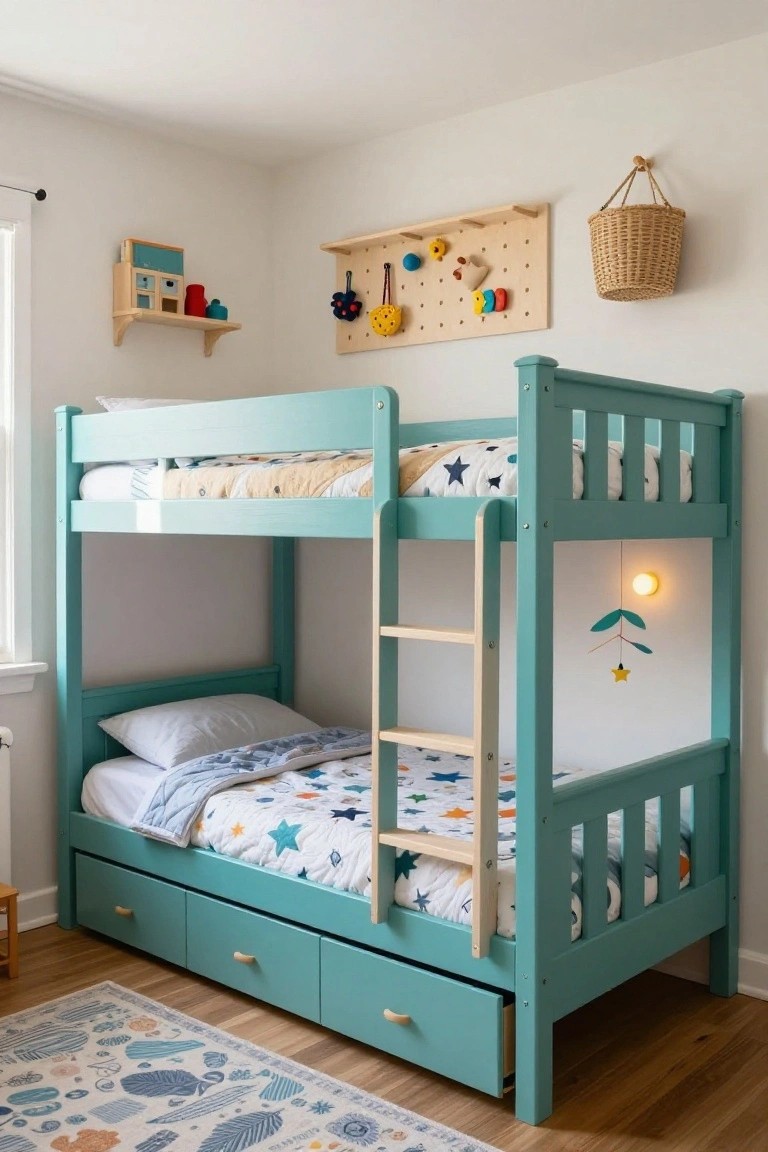 Turquoise wooden bunk bed in a child's bedroom with three drawers under the bottom bunk, starry quilts on both beds, and wooden toys nearby on the floor.