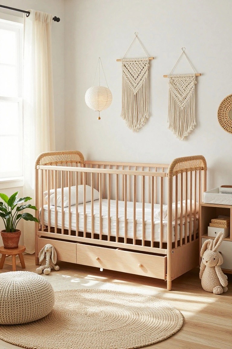 Light wooden crib with rattan-woven ends and two pull-out drawers underneath, in a beige nursery room with macrame wall hangings, potted plant, stuffed animals, and round woven rug.