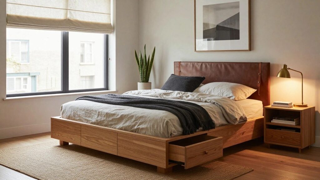 18 Smart Storage Bed Frame Ideas to Maximize Every Inch Bedroom corner with low wooden platform bed covered in white linens and gray throw, adjacent two-drawer wooden nightstand holding stacked books and brass adjustable lamp, white pot snake plant on windowsill, linen roman shade on window.