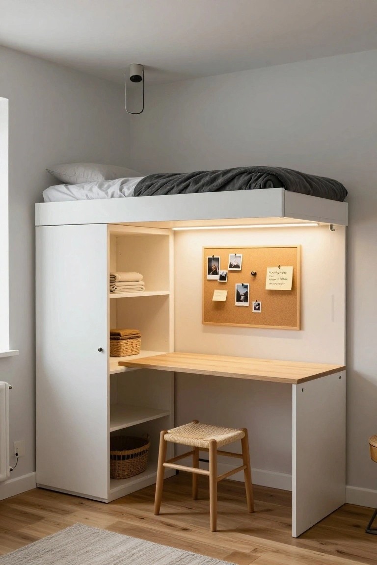 White loft bed frame with gray bedding above a built-in desk, open shelves holding towels and baskets, and a corkboard on the side in a light bedroom with wood floors.