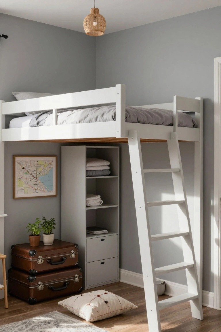 Gray bedroom with white lofted bunk bed, ladder, underbed storage cabinets with shelves holding towels and drawers, map artwork on wall, potted plants, leather suitcases, and floor rug.