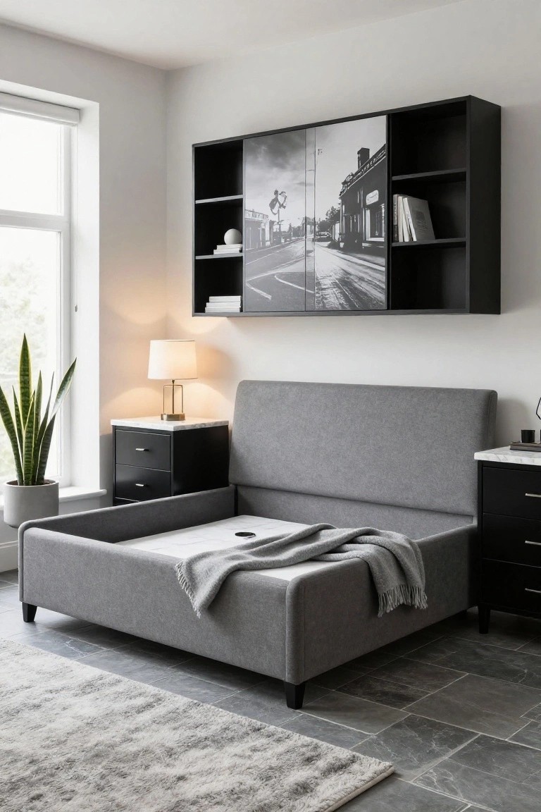 Modern bedroom corner with gray upholstered platform bed on short legs, white sheets and gray throw, black nightstands with marble tops, wall-mounted black shelves displaying books and a black-and-white city print, snake plant in gray pot, and light gray rug on gray tile floor.