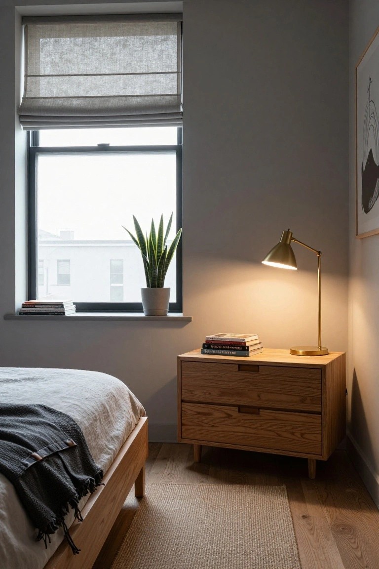 Bedroom corner with low wooden platform bed covered in white linens and gray throw, adjacent two-drawer wooden nightstand holding stacked books and brass adjustable lamp, white pot snake plant on windowsill, linen roman shade on window.