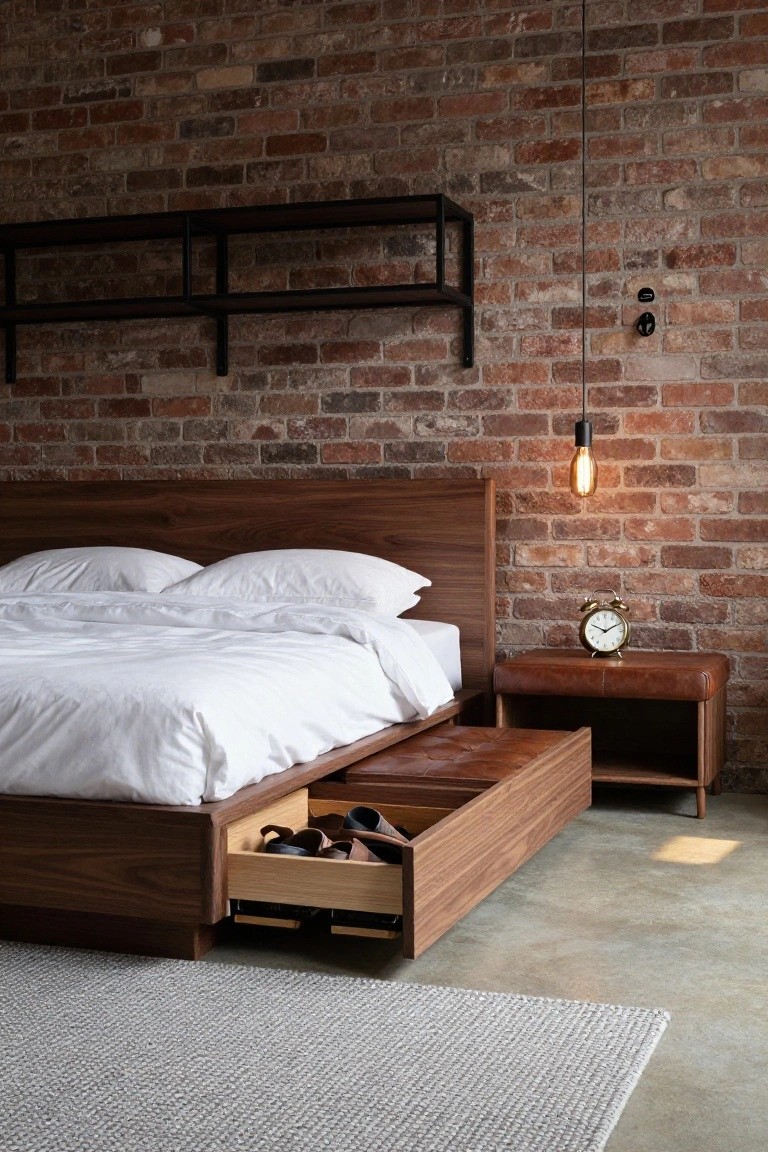 Low walnut platform bed with open drawers underneath containing shoes, white bedding, leather-topped nightstand with clock, against exposed brick wall on concrete floor.