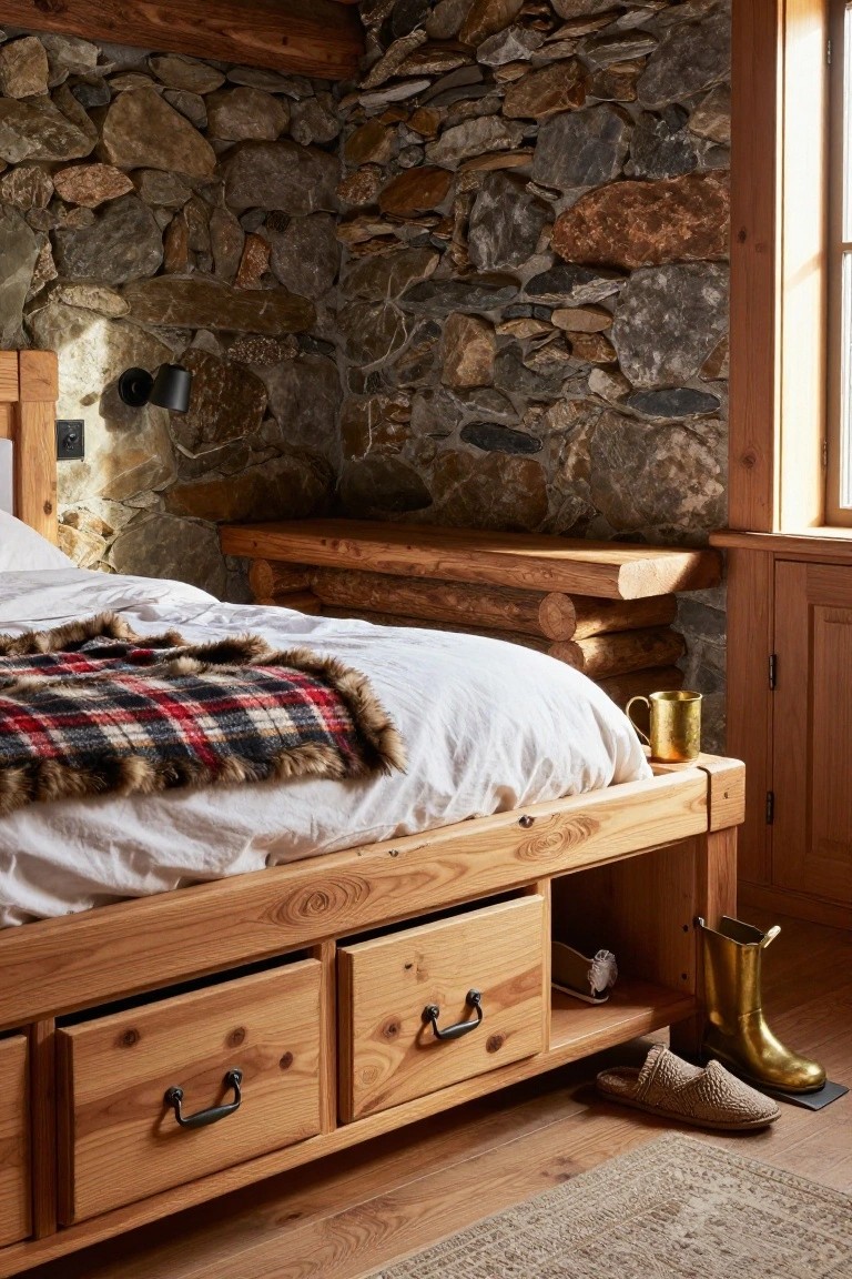 Wooden platform bed with four drawers underneath in a stone-walled bedroom, white bedding with plaid fur blanket, wooden bench, and gold mug nearby.