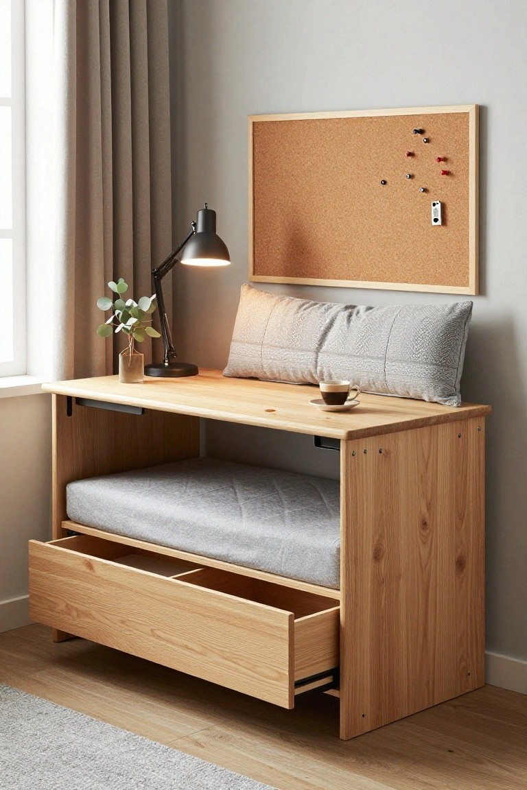 Wooden bed frame with desk-like top surface, open drawers at the base, gray cushion underneath, desk lamp, potted plant, coffee cup, and wall-mounted corkboard in a light room by a window.