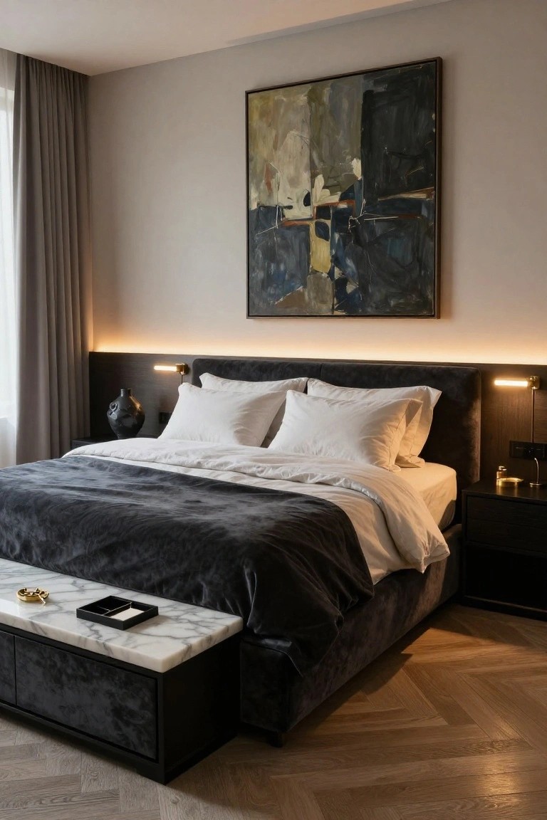 Modern bedroom with gray velvet upholstered platform bed, marble-topped black velvet storage bench at foot, black nightstands with lamps, abstract painting on wall, and herringbone wood floor.