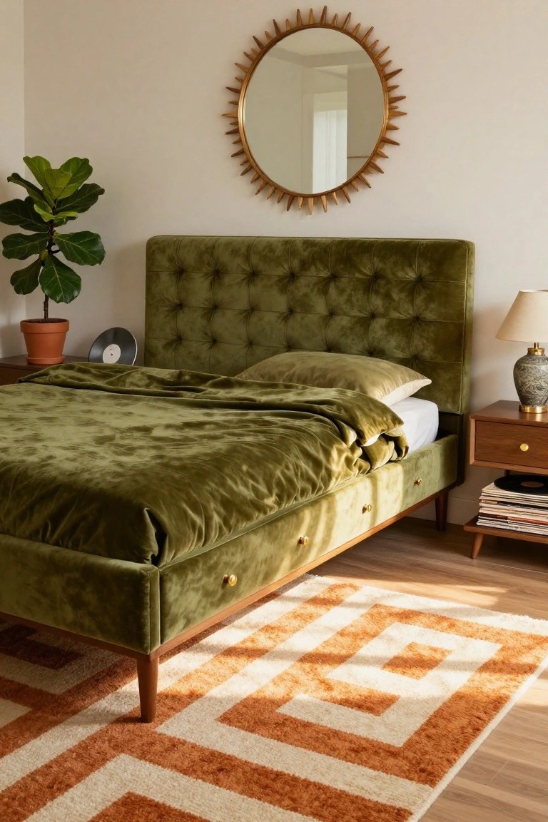 Green velvet upholstered platform bed with tufted headboard, built-in side drawers with gold knobs, white bedding, wooden nightstand with stacked records, fiddle leaf fig plant in terracotta pot, gold sunburst mirror on white wall, and orange geometric rug on wood floor in a bedroom.