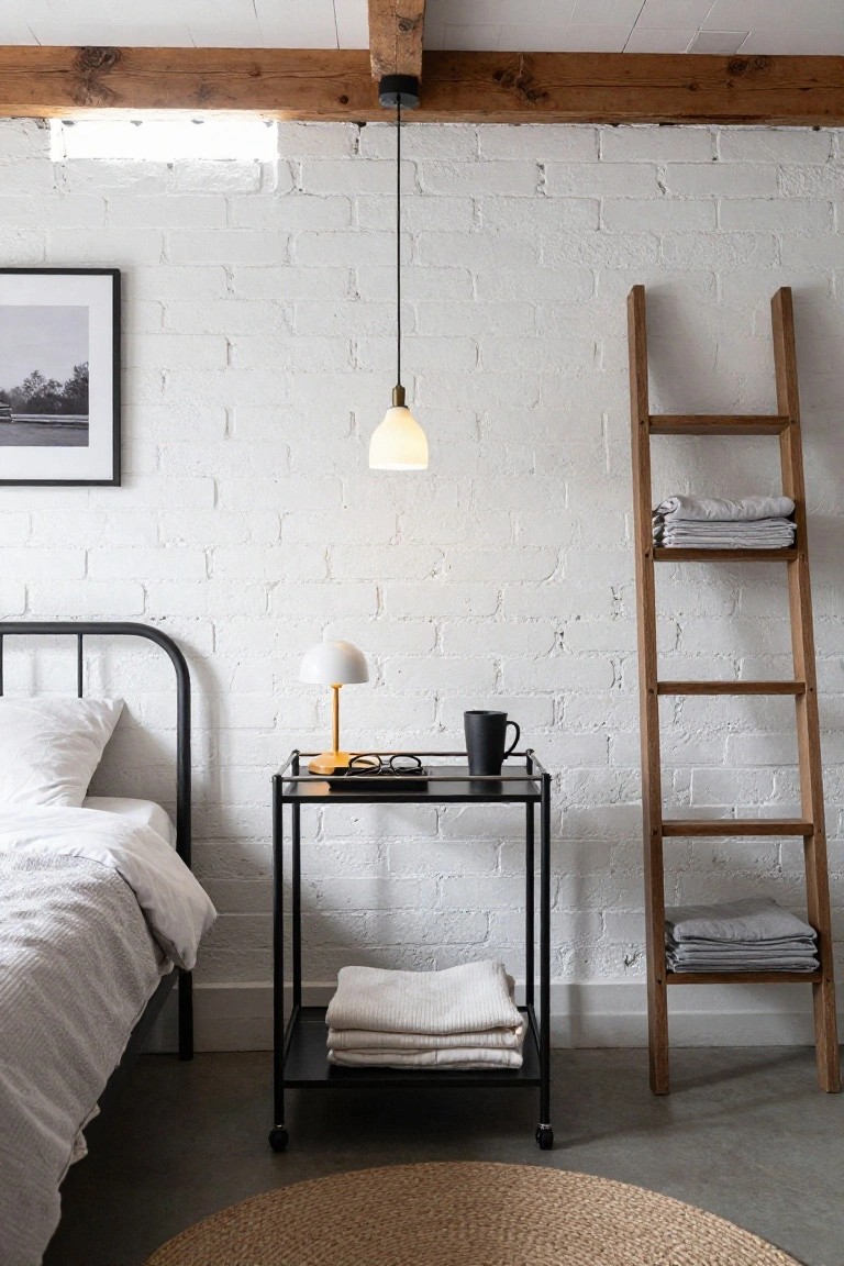 A narrow black rolling cart used as a bedside table next to a bed with white bedding in a room with white brick walls.