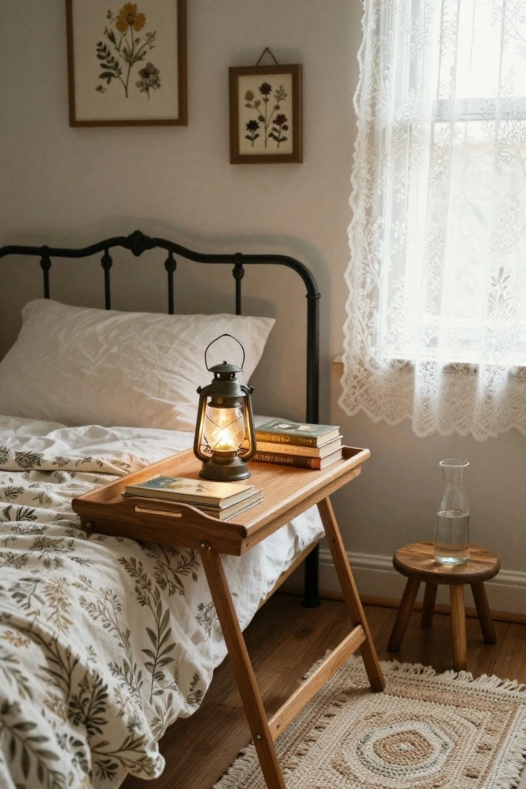 A wooden tray table holding books and a lit lantern rests beside a bed with white linens in a bedroom with floral wall art and a lace curtain on the window.