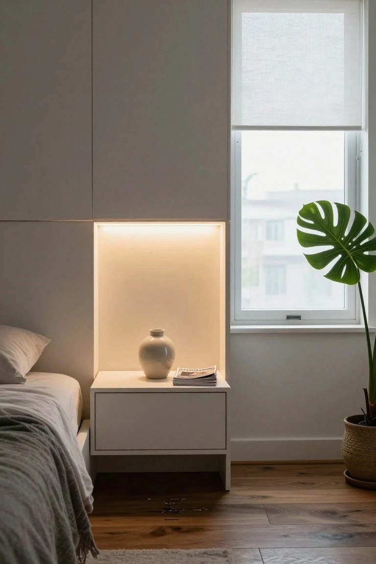 Minimalist bedroom with glowing niche, white vase, and wooden floors.