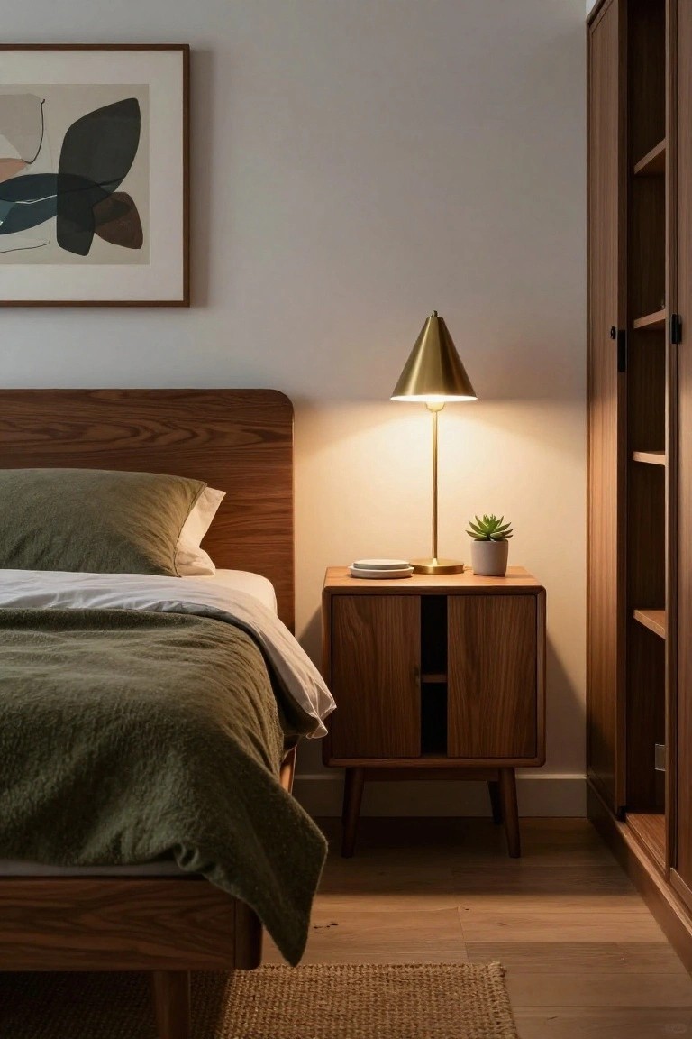 Minimalist bedroom with walnut nightstand, brass lamp, and abstract art.