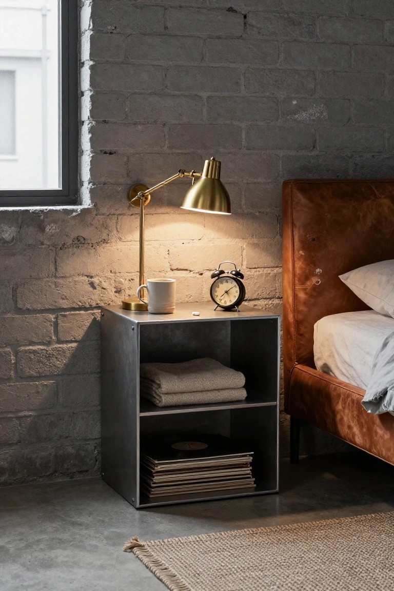 Industrial metal nightstand with lamp, mug, clock, and vinyl records.