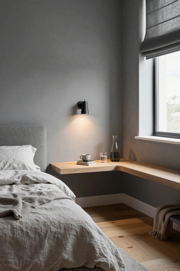 A small bedroom with a gray wall and a long floating wooden shelf used as a bedside surface next to a bed with white and gray linens.