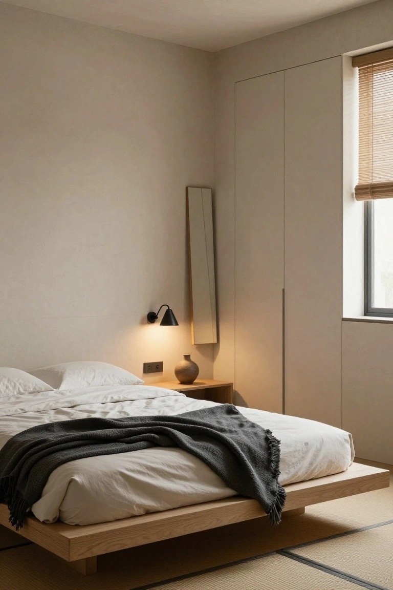 A minimalist bedroom with a low wooden platform bed, white bedding, a gray throw, a small floating wooden shelf holding a vase, and a black wall-mounted lamp above it.