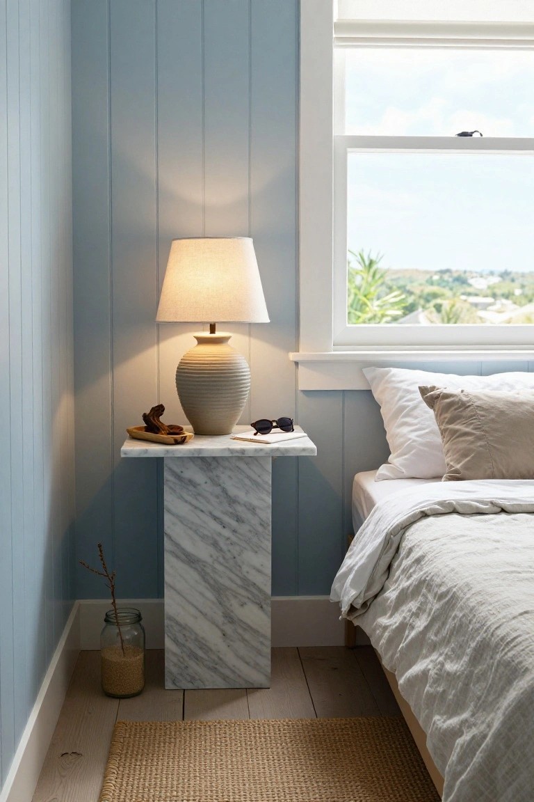 Cozy bedroom corner with marble nightstand, lit lamp, and bed by window.