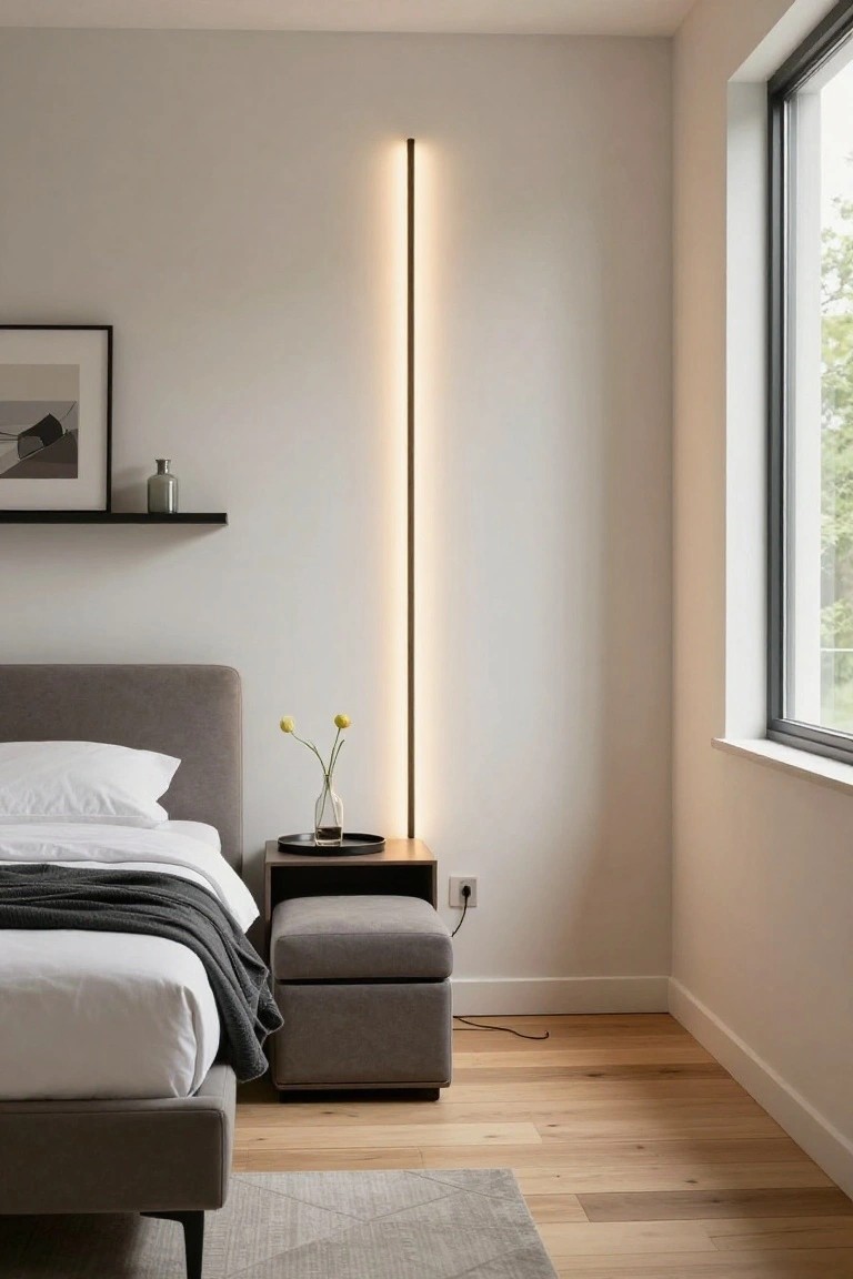 A bedroom shows a gray upholstered bed next to a small wooden nightstand with a gray storage ottoman in front and a tall vertical light on the wall.