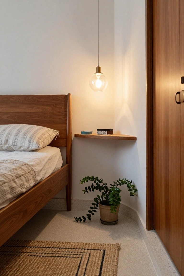 A wooden bed with a striped pillow and blanket sits next to a narrow floating wooden shelf holding small items, with a hanging glass pendant light above and a potted plant on the floor below.