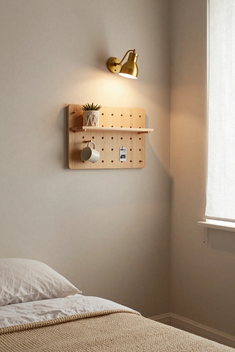 A light wood pegboard mounted on a bedroom wall above a bed, holding a small shelf with a plant, a hanging mug, a clipped photo, and a brass wall lamp shining on it.