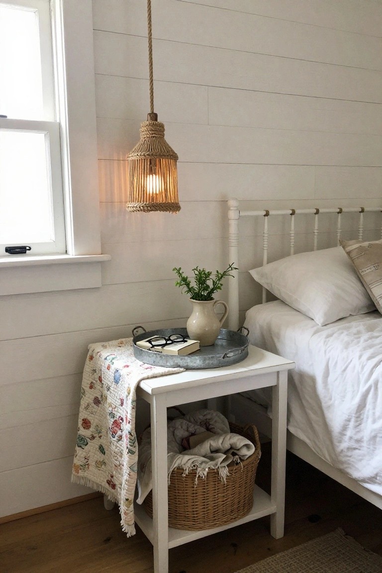 A small white bedside table next to a bed holds a metal tray with a book, glasses, and a small plant, with a woven basket on the shelf below.