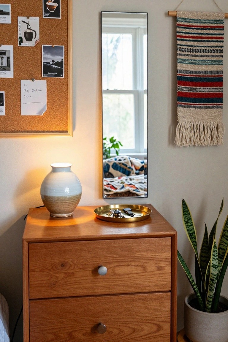 Wooden dresser with vase, mirror, plant, and corkboard in a room.