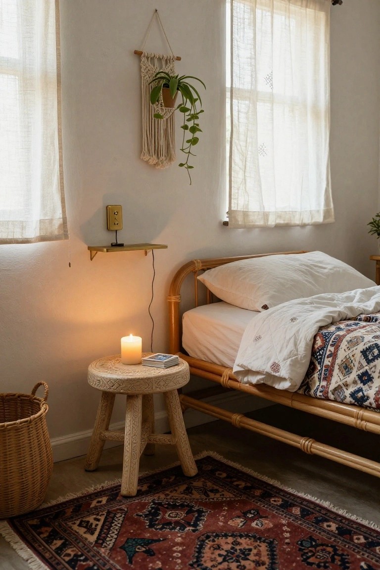 A small round wooden stool with a lit candle and books serves as a bedside table next to a bed with white linens and a bamboo frame.
