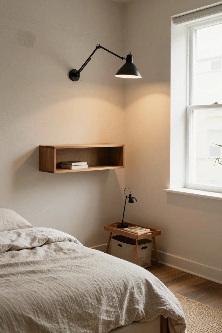 A bedroom corner showing a bed with white bedding, a floating wooden shelf with books, a black wall-mounted lamp above it, and a small wooden tray table holding a lamp and books beside the bed under a window.