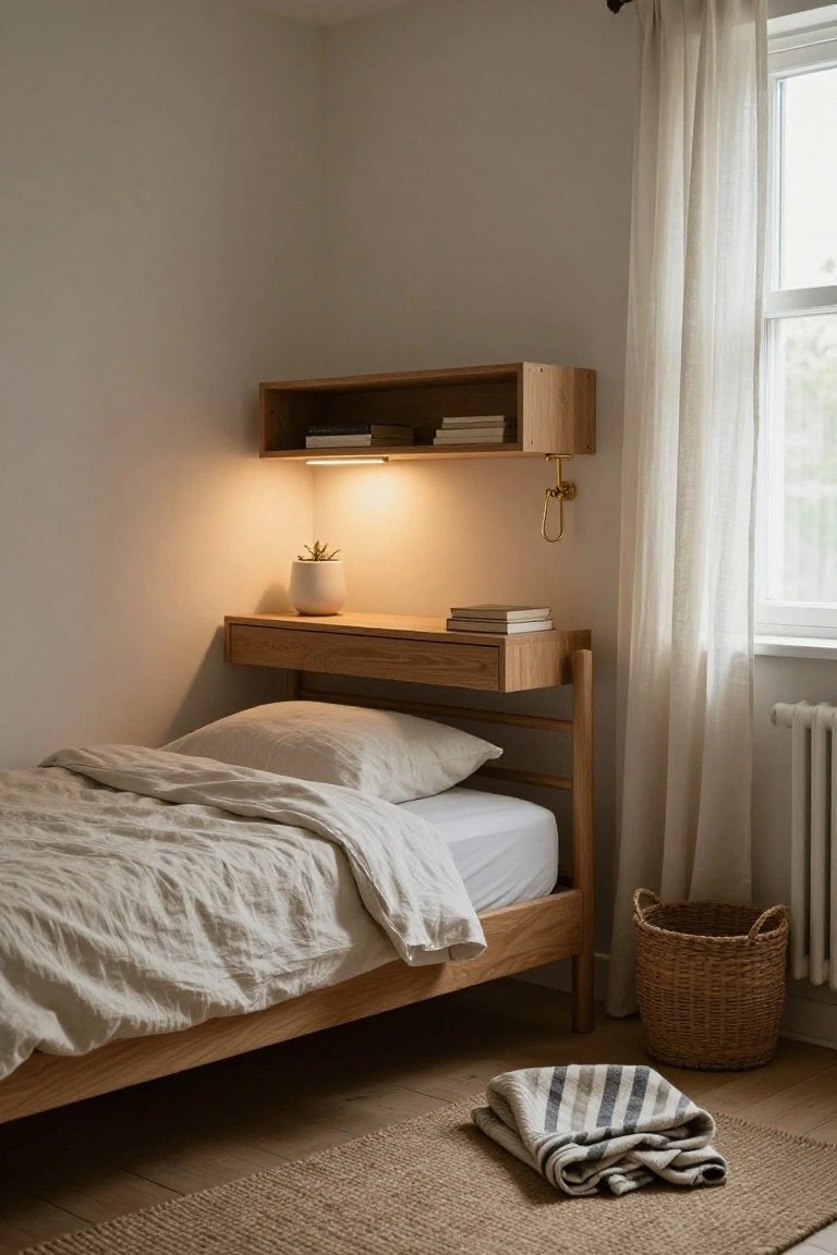 A wooden bed with white linens beside a floating oak desk and shelf.