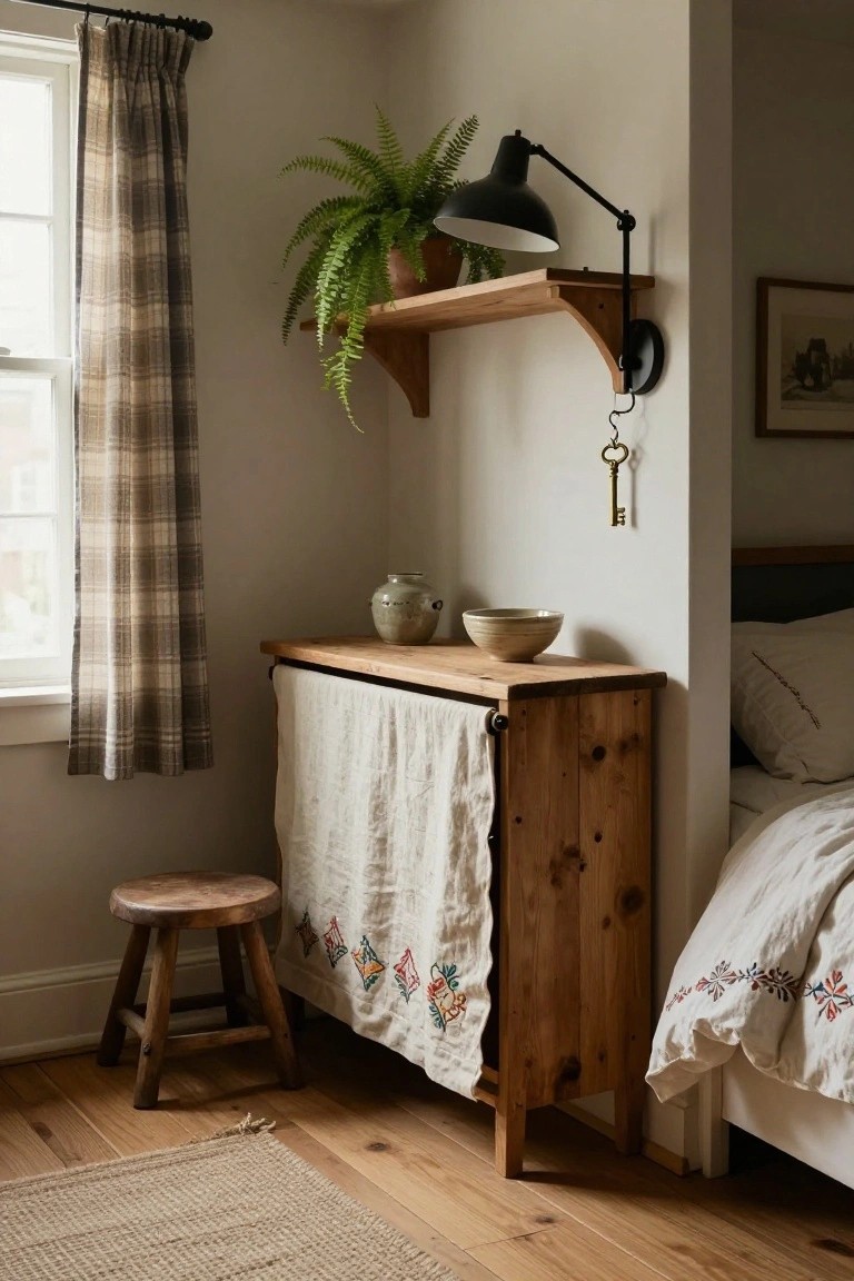 Rustic wooden cabinet with hanging lamp, fern plant, stool, and embroidered linen.