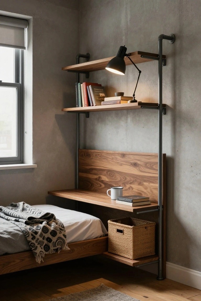 Modern wooden wall-mounted shelving unit above a cozy bed with industrial pipes.