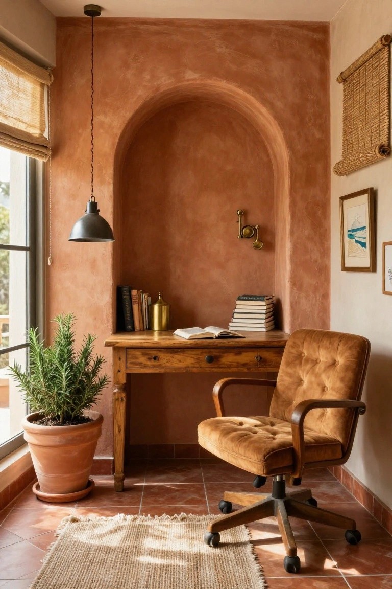 Terracotta-plastered interior room with an arched wall niche containing a wooden desk, open books, gold container, and tufted brown velvet office chair, plus potted rosemary plant and woven wall hangings near a window.
