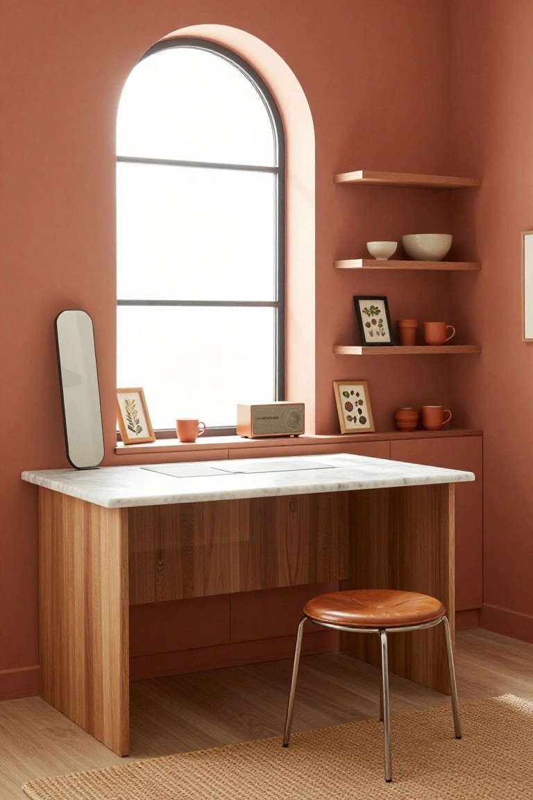 Home office corner with terracotta walls, arched window, floating wooden shelves holding white bowls, pottery mugs, and framed botanical prints, wooden desk with white marble top, tall skinny mirror, small wooden radio, and tan leather stool on light wood floor with beige rug.
