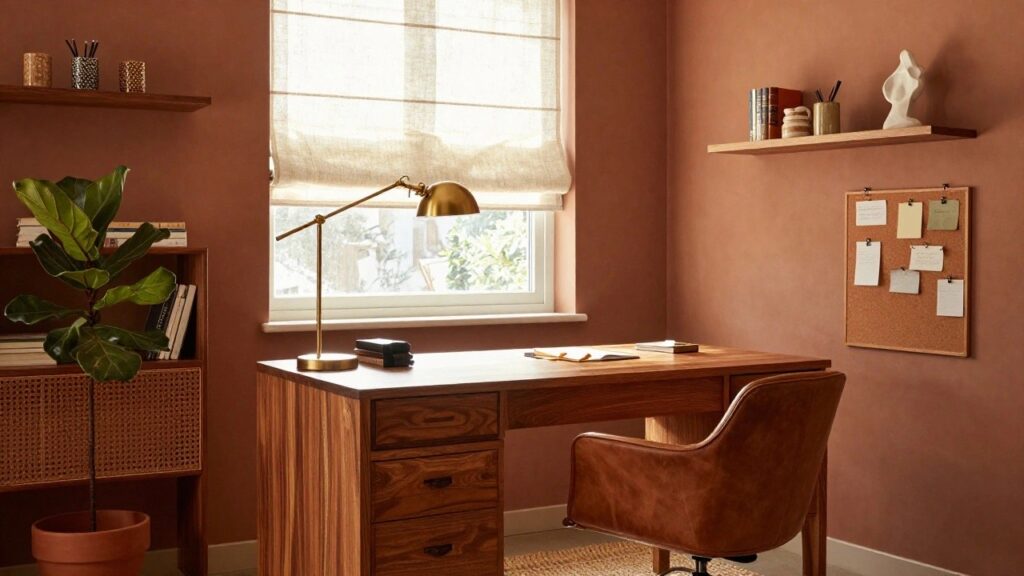 Home office corner with terracotta walls, wooden desk with five drawers, brown leather swivel chair, rattan bookshelf with books and ceramics, gold desk lamp, corkboard with notes, and potted ficus plant near window with sheer blinds.
