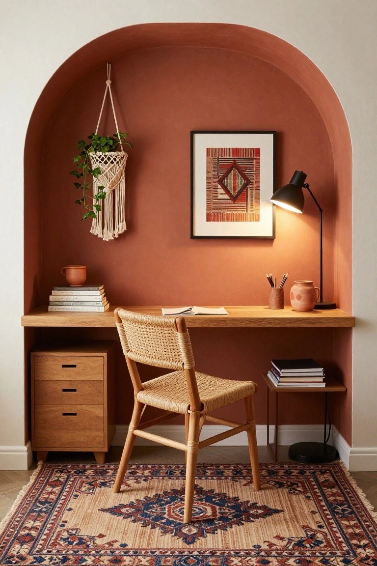 A built-in wooden desk in a terracotta-painted arched wall niche with rattan chair, macrame hanging plant, black desk lamp, abstract framed art, stacked books, pottery mug and vase, and patterned rug on the floor.