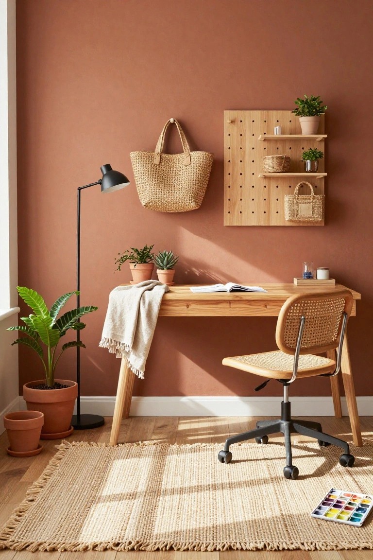 Home office with terracotta walls, wooden desk with open book and throw blanket, rattan chair on wheels, black floor lamp, potted plants, pegboard with woven baskets, and beige rug on wood floor.