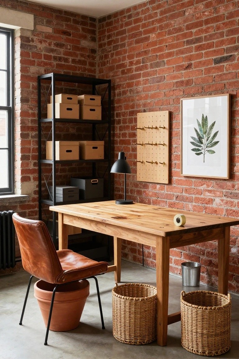 Exposed brick home office corner with wooden desk, black metal shelving unit holding cardboard and gray boxes, black desk lamp, wooden pegboard with hooks, framed green leaf artwork, brown leather chair on large terracotta pot, two woven baskets and metal trash can beside desk.