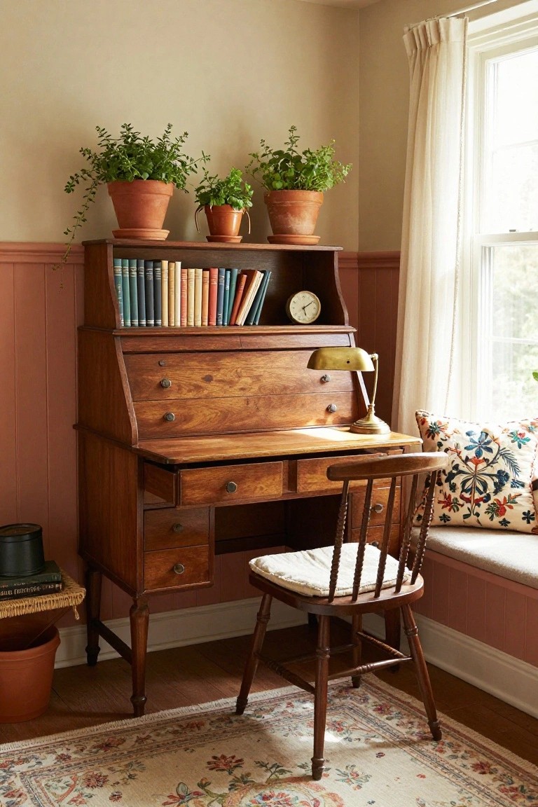 Wooden secretary desk with hutch in room corner, hutch shelves holding colorful books and clock, topped with three terracotta pots of green herbs, brass lamp on pull-down desk surface, wooden chair with cushion, pink wainscoting walls, sheer curtained window, patterned rug on wood floor.