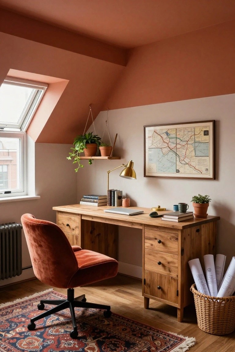 Attic office room with terracotta-painted sloped ceiling, wooden desk, orange velvet chair on wheels, hanging plants, map poster, and rolled papers in a basket.