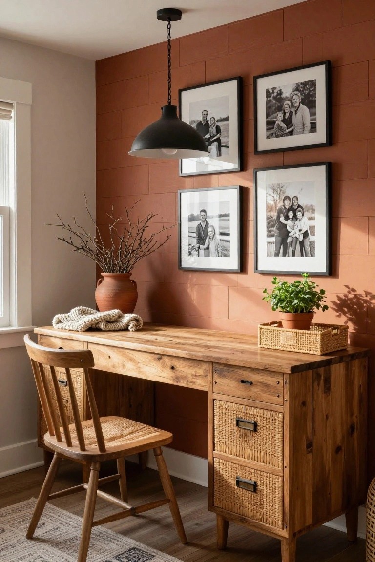 Wooden desk with rattan drawer fronts and woven chair against a terracotta brick accent wall in a home office, with black pendant light, family photos in black frames, potted plant, and branches in terracotta vase on the desk.