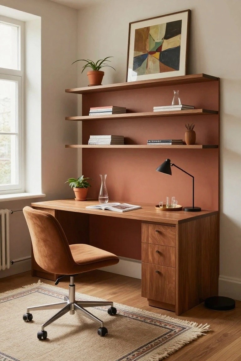 Home office with terracotta-painted wall behind wooden desk and drawers, rust-colored velvet swivel chair, wooden floating shelves holding books plants and vase, desk lamp, and potted plants on desk and floor.
