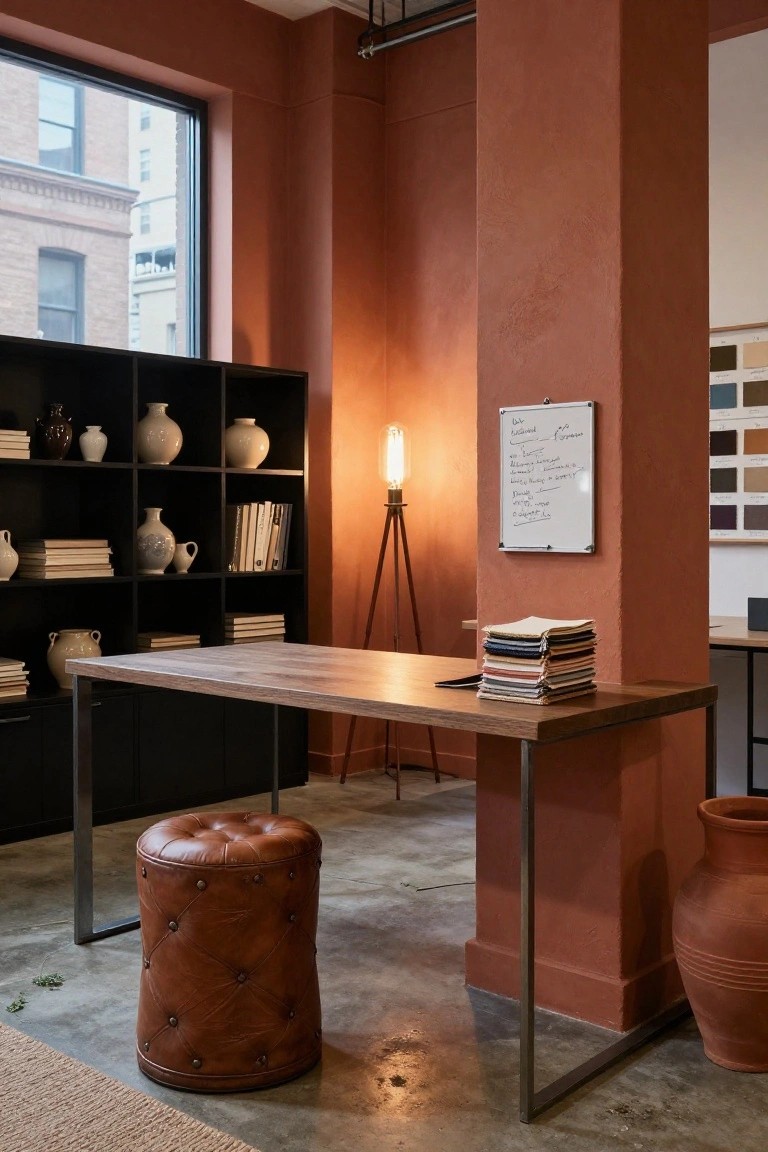 Office interior featuring terracotta-painted walls, black shelving with ceramic vases and books, a light wood desk topped with stacked fabric samples, a brown leather pouf stool, a tripod floor lamp, and large terracotta pots on the floor.
