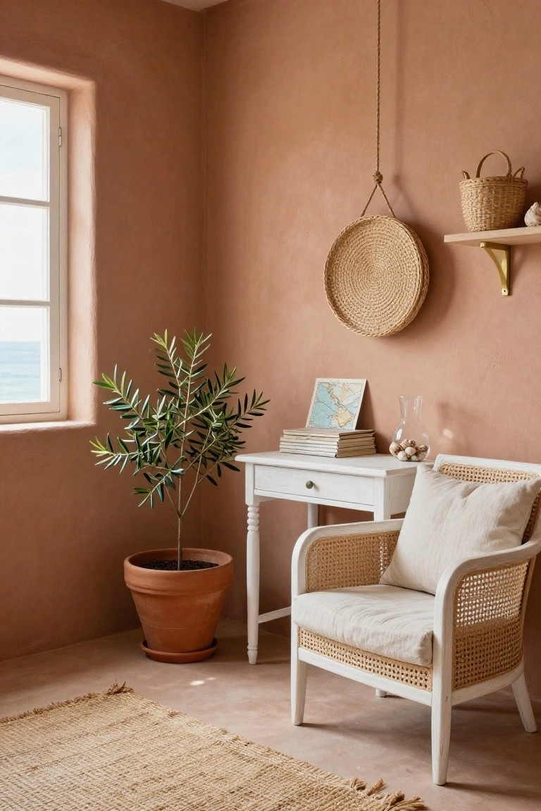 Cozy office corner with terracotta plaster walls, white wooden desk holding books and a map, rattan armchair with cream cushion, potted olive tree, woven baskets and wall hanging, and window overlooking the sea.