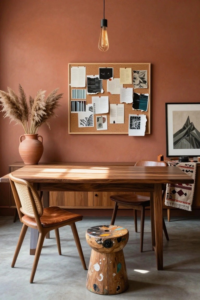 A terracotta-painted interior room with wooden table, rattan and leather chairs, a painted stool, pampas grass in terracotta vase, cork bulletin board, and framed art.