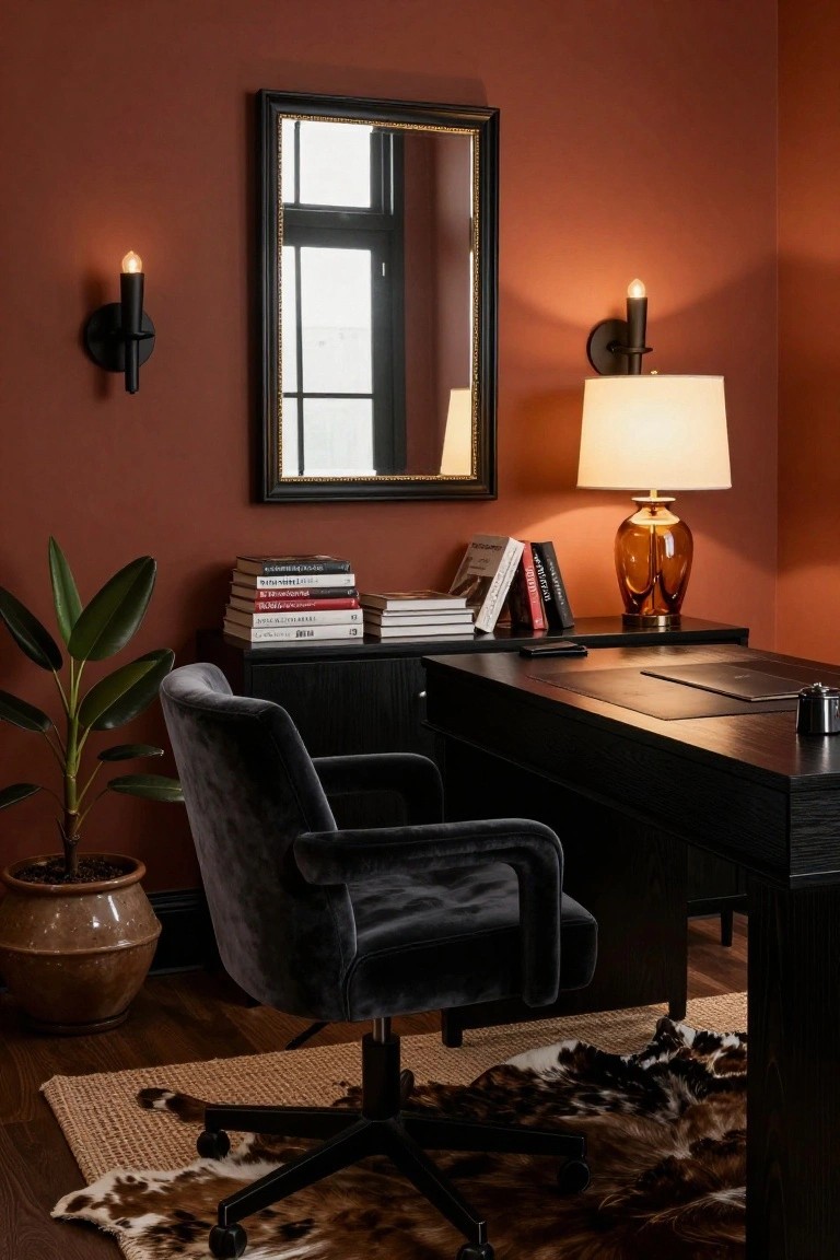Home office interior with terracotta walls, black wooden desk and credenza, gray velvet swivel chair, gilded mirror, wall sconces, amber glass table lamp, stacked books, potted plant, and cowhide rug on wood floor.