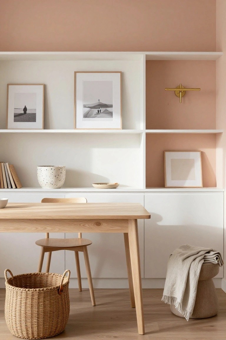 Home office with white built-in shelving and cabinets against a terracotta pink wall, oak desk and chair, woven basket on floor, neutral art frames, pottery, and stool with linen throw.