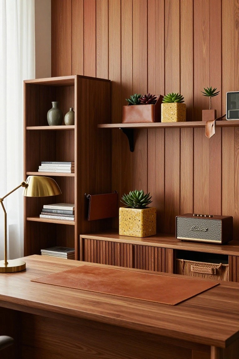 A home office with vertical warm wood slat paneling on walls, wooden bookshelves stocked with books and vases, yellow terracotta pots containing succulents, wooden desk topped with leather blotter and brass lamp, plus a Marshall speaker.