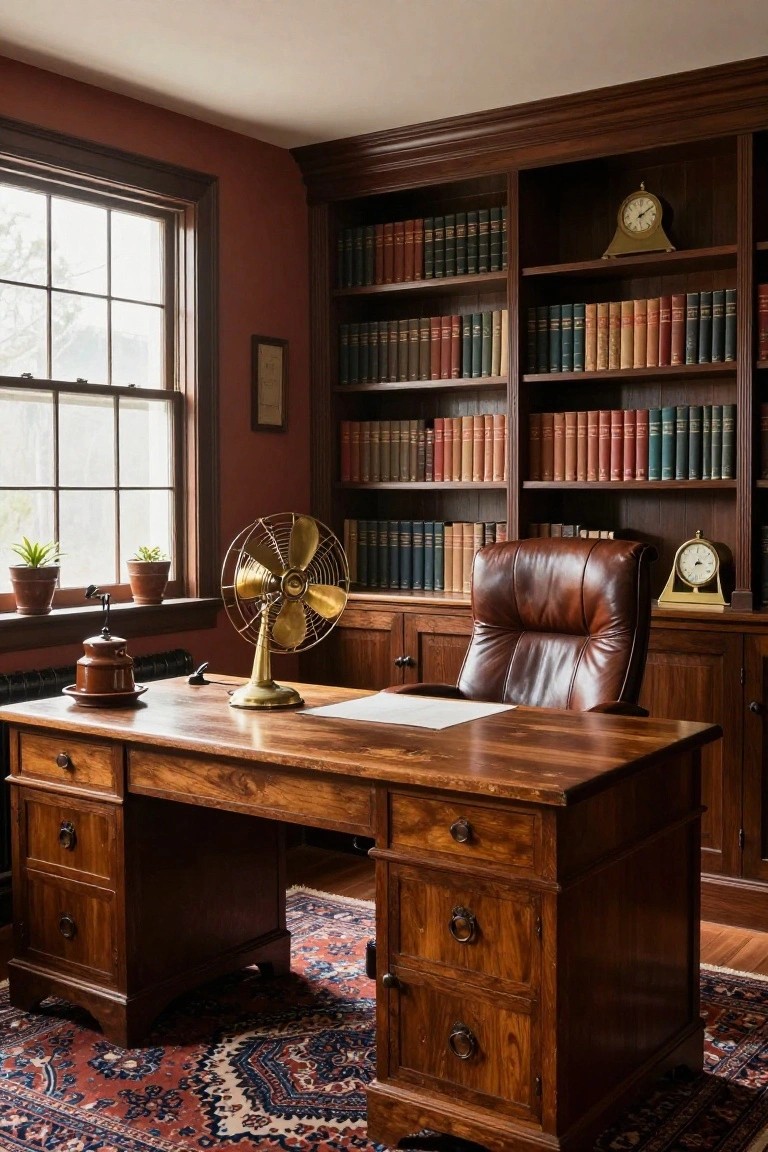 Terracotta-walled office interior with wooden built-in bookshelves filled with books, wooden desk, leather armchair, brass fan, plants, and clock.
