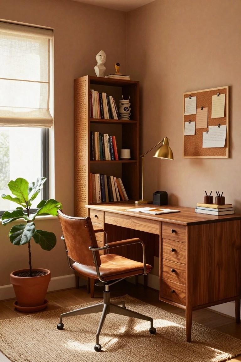 Home office corner with terracotta walls, wooden desk with five drawers, brown leather swivel chair, rattan bookshelf with books and ceramics, gold desk lamp, corkboard with notes, and potted ficus plant near window with sheer blinds.
