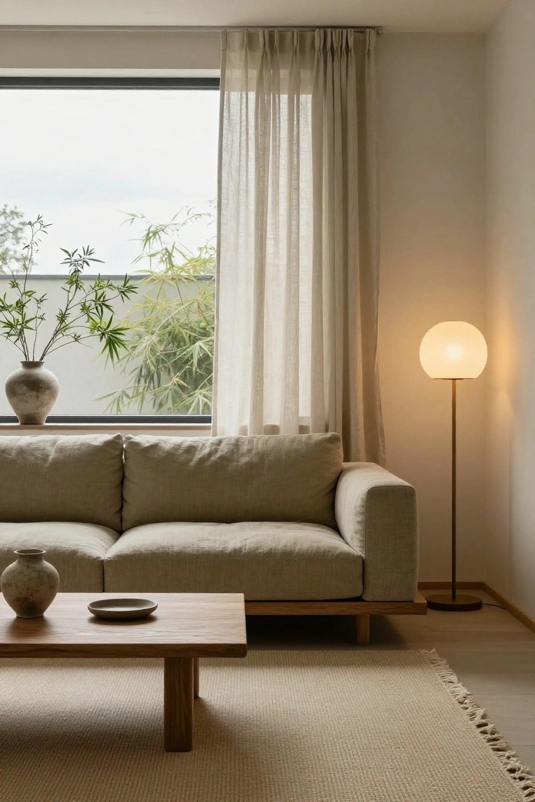Light beige linen sofa in a minimalist living room with low wooden coffee table, ceramic vases, floor lamp, and large window with sheer curtains showing bamboo outside.