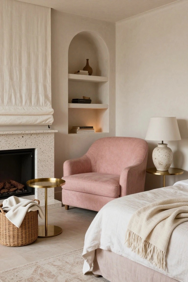 Blush pink armchair next to a bed in a neutral-toned bedroom with a fireplace, beige walls, arched niche shelving, brass side tables, and a woven basket.